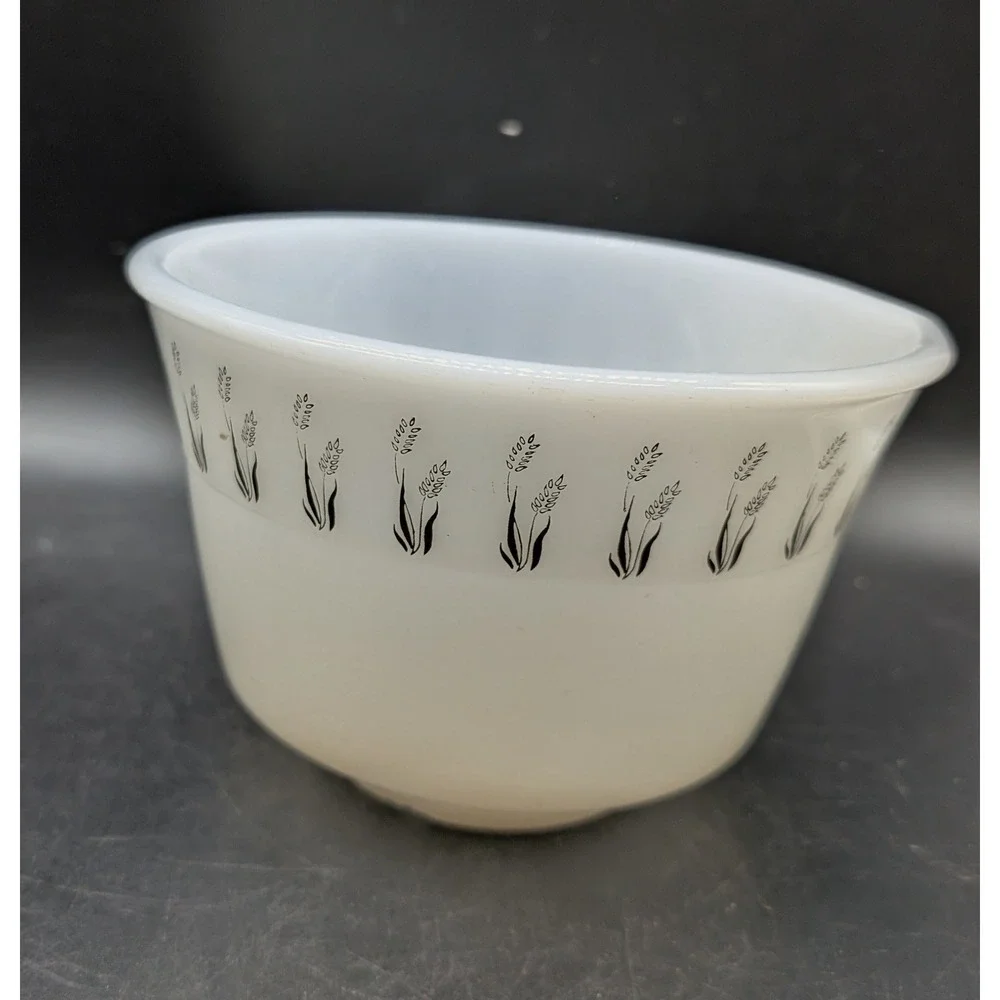 Hazel Atlas Milk Glass Mixing Bowl Black Wheat Pattern Vintage White MCM